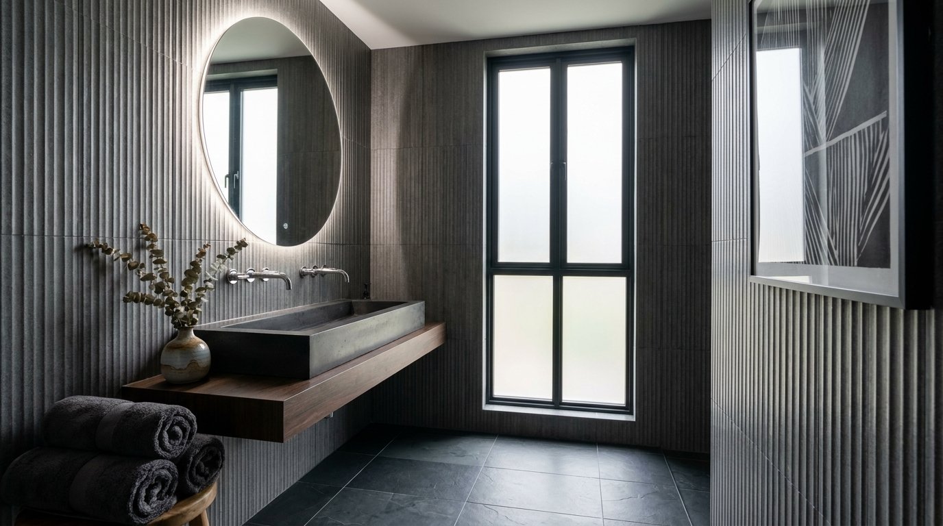 Modern charcoal grey bathroom with ribbed tile, concrete basin and chrome fixtures