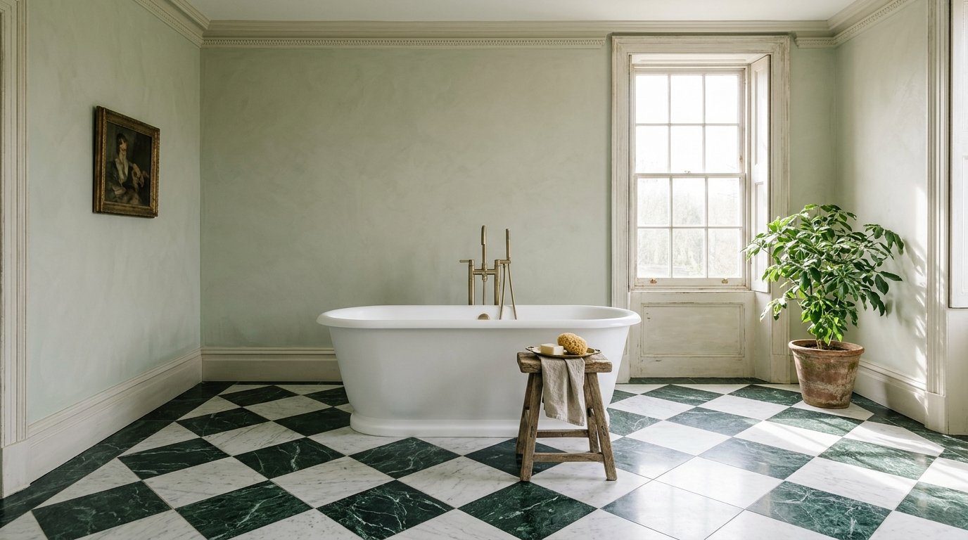 Luxury bathroom with checkerboard marble floor in green and white with a freestanding tub