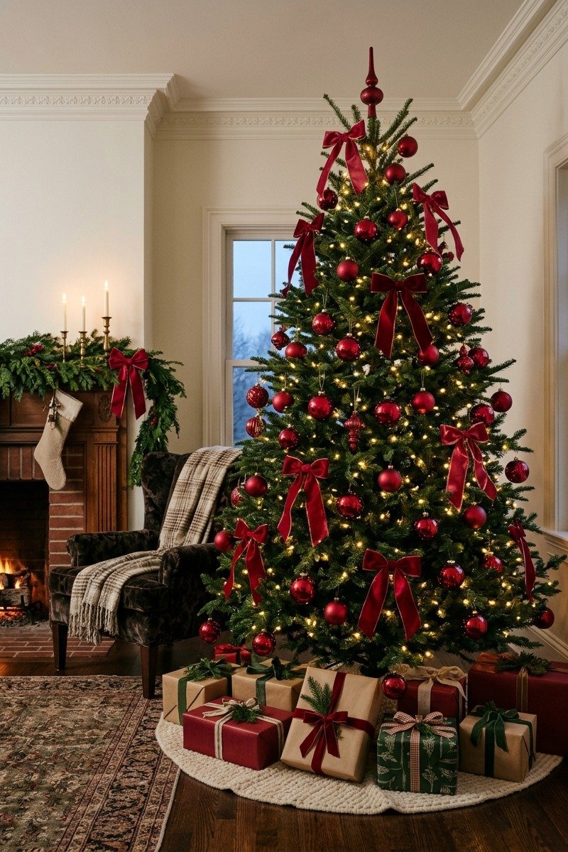 Cherry red Christmas tree with red bows