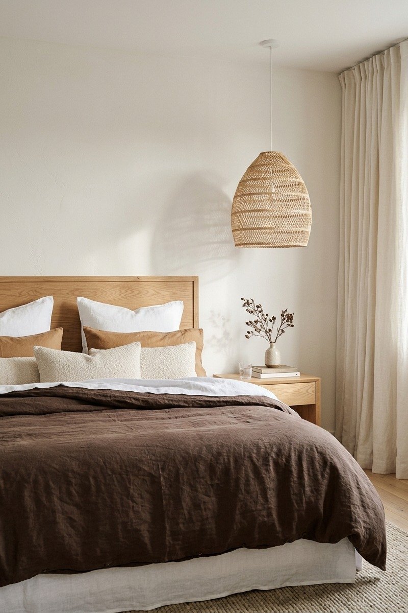Chocolate brown linen bedding on a bed in a light bedroom