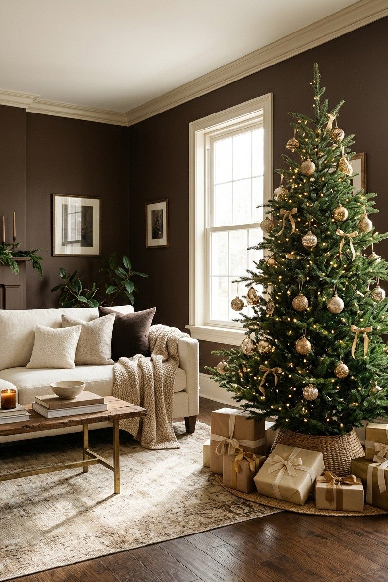 Chocolate brown walls with a Christmas tree