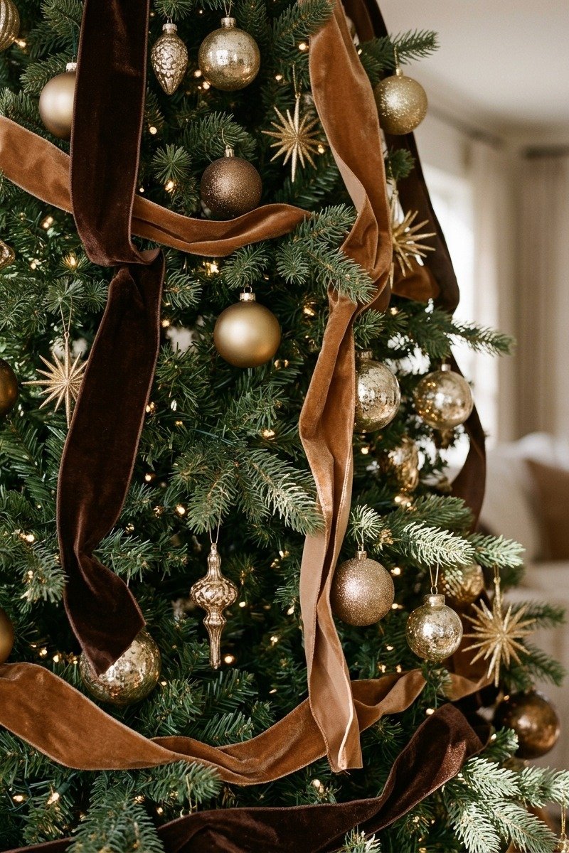 Chocolate brown velvet ribbon on a tree