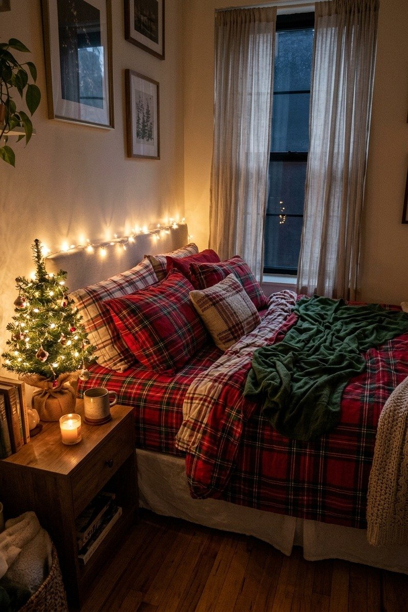 Plaid Christmas bedding in a small bedroom