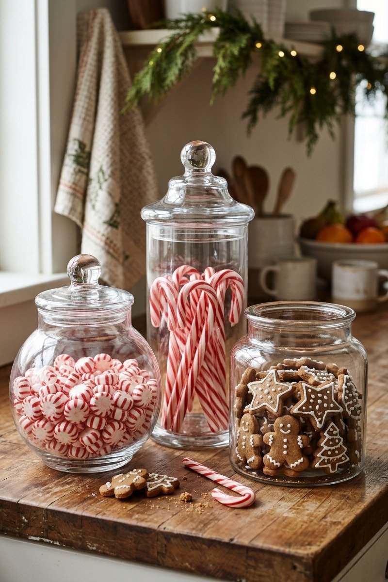 Glass canisters filled with candy for Christmas