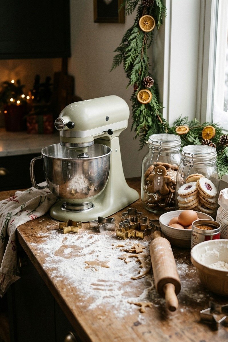 Christmas cookie baking corner with cookie jars