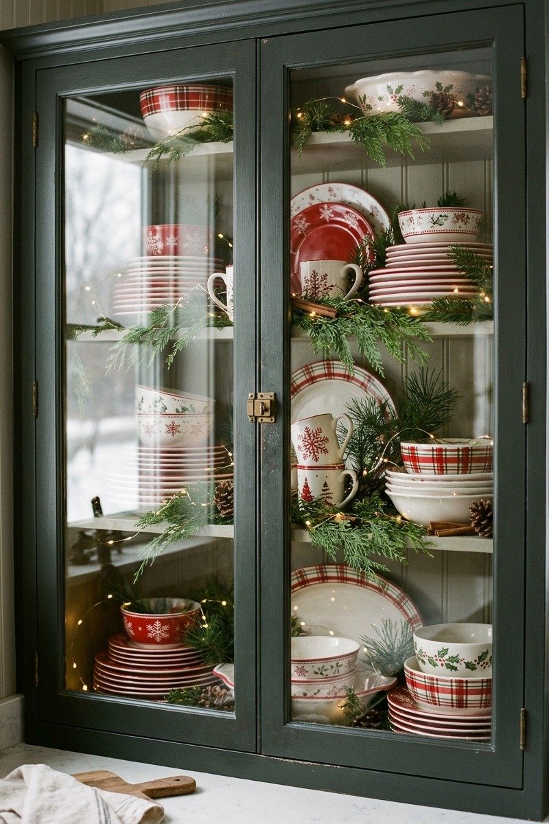 Christmas dishes displayed in a glass cabinet
