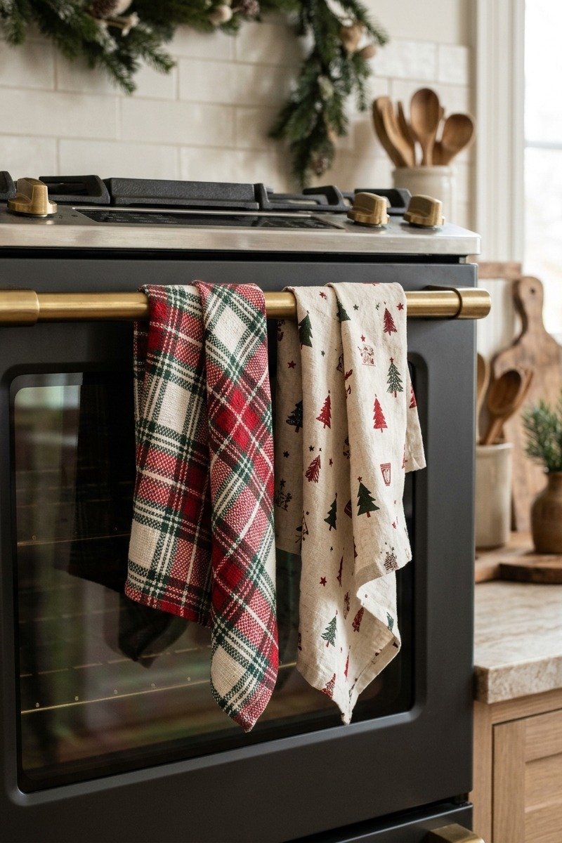 Christmas dish towels on an oven handle