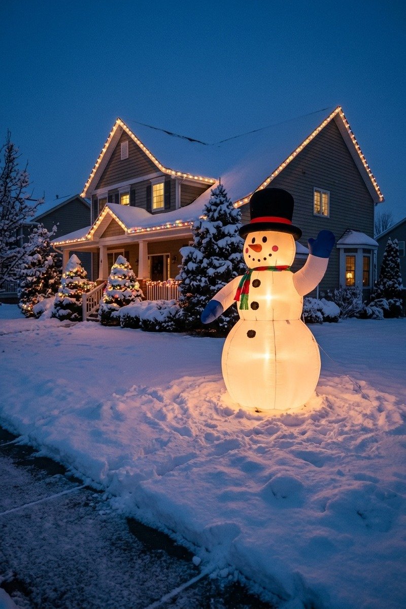 Inflatable snowman in a front yard