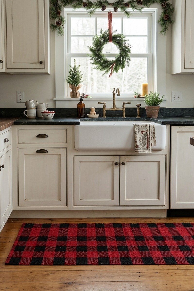 Buffalo check rug in front of a kitchen sink