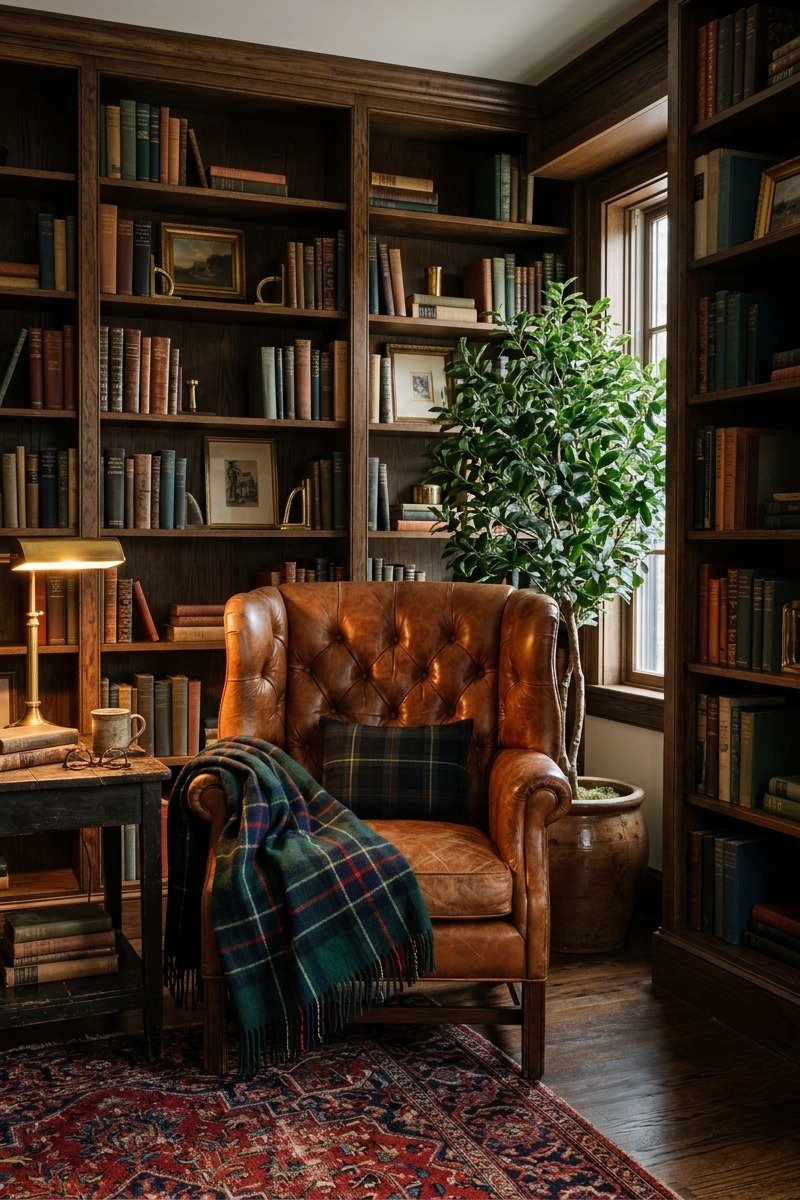 Library corner with books and Christmas decor