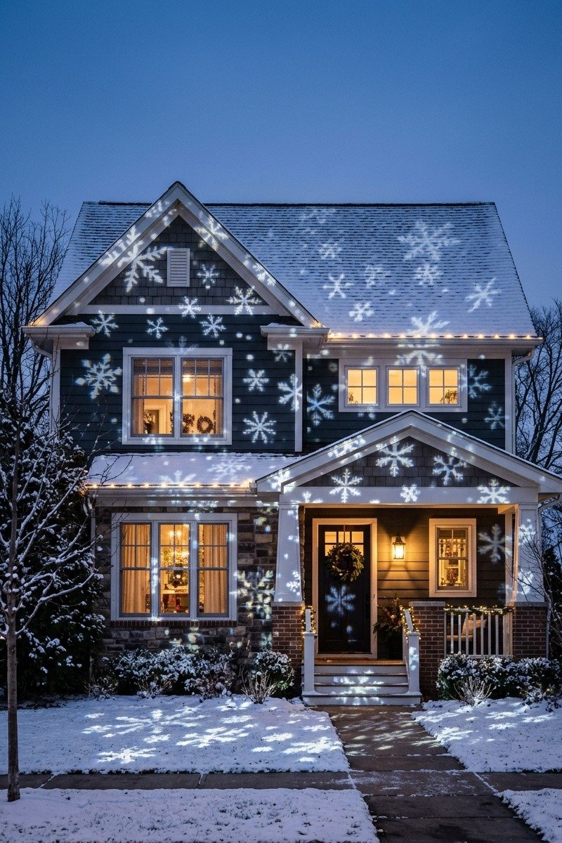 House with snowflake light projection