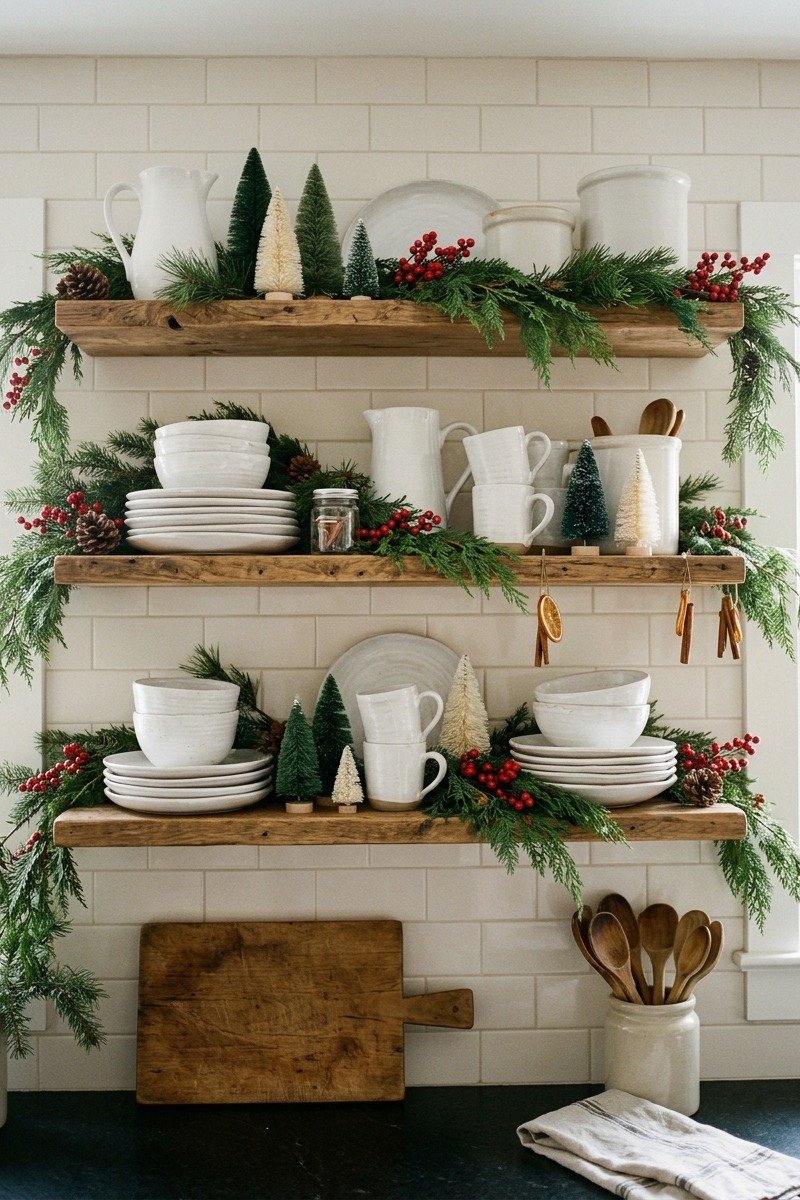 Open kitchen shelves styled with Christmas decor