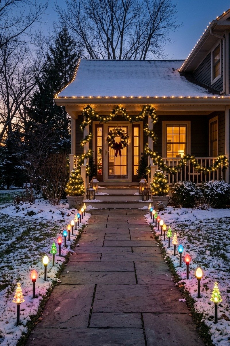 Front walkway lined with Christmas pathway lights