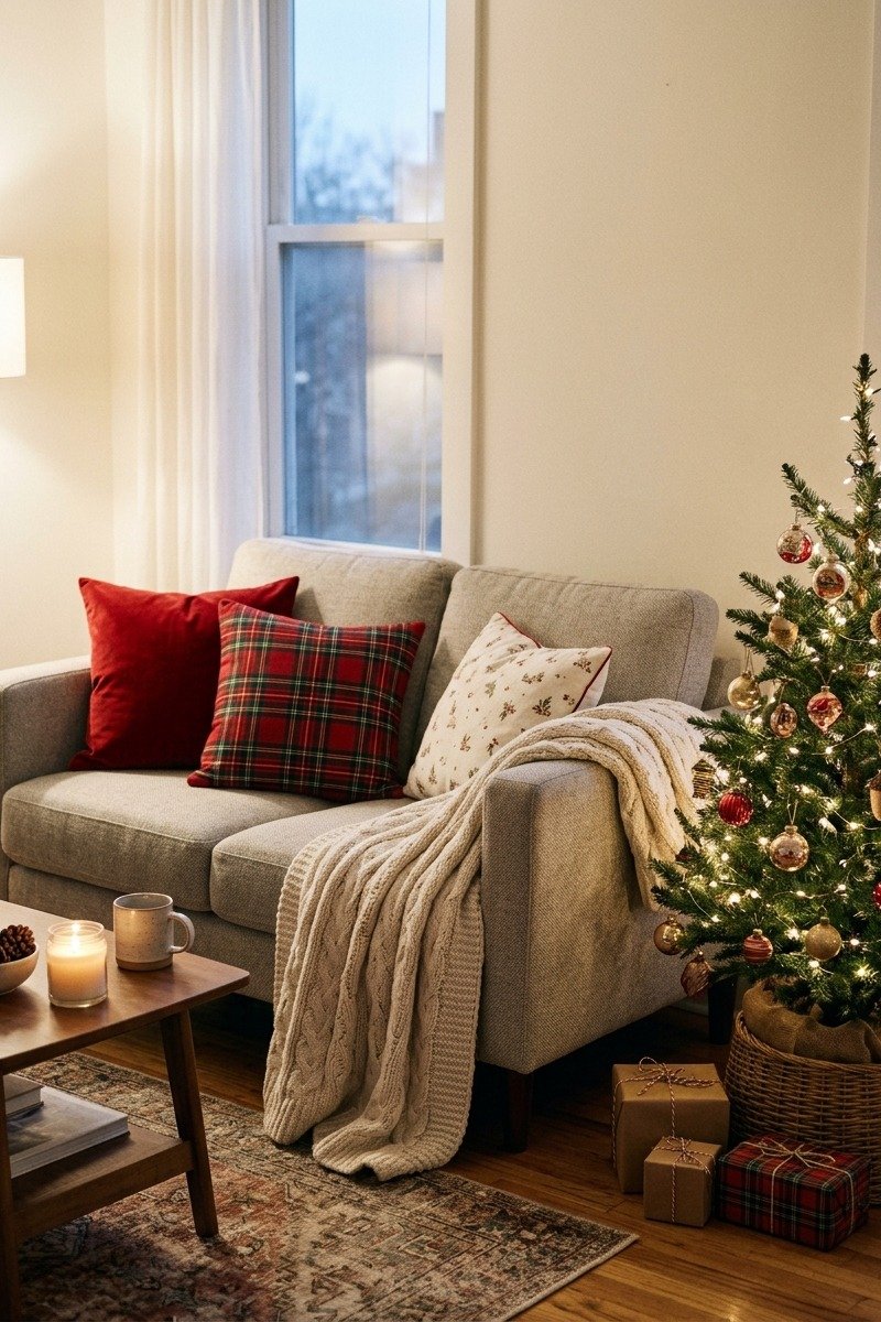 Sofa with Christmas pillows and throw