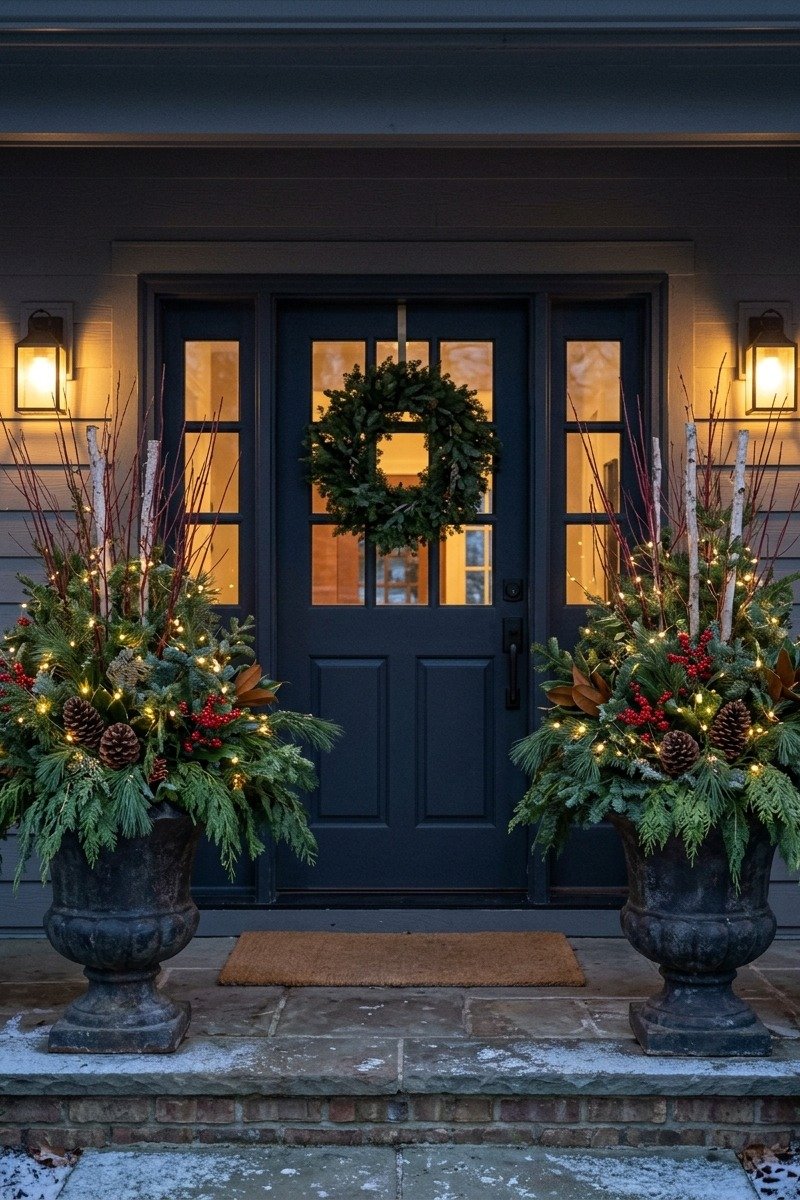 Christmas porch planters with greenery and branches
