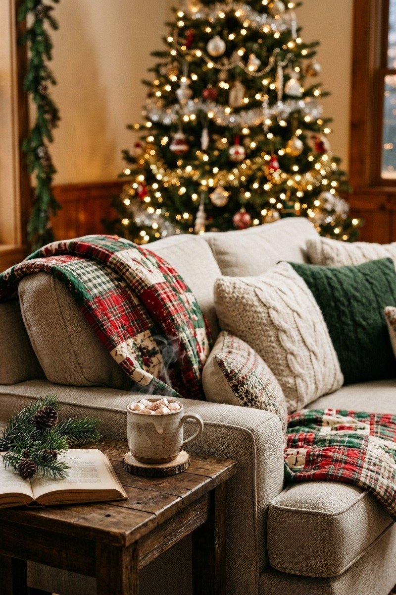 Christmas patchwork quilt on a sofa