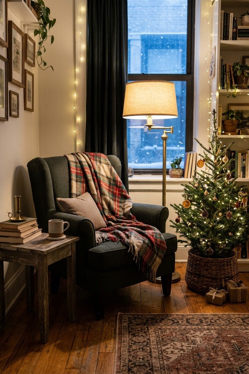 Cozy apartment reading nook with Christmas decor