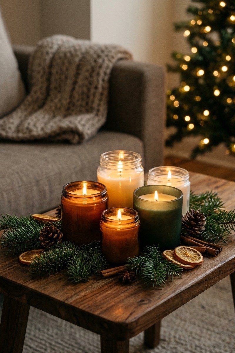 Christmas scented candles on a coffee table
