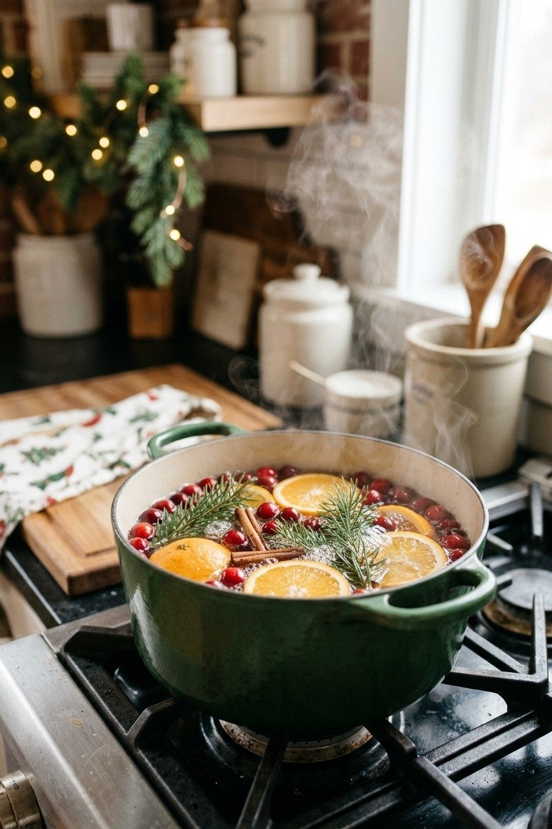 Christmas simmer pot with oranges and cinnamon on a stove