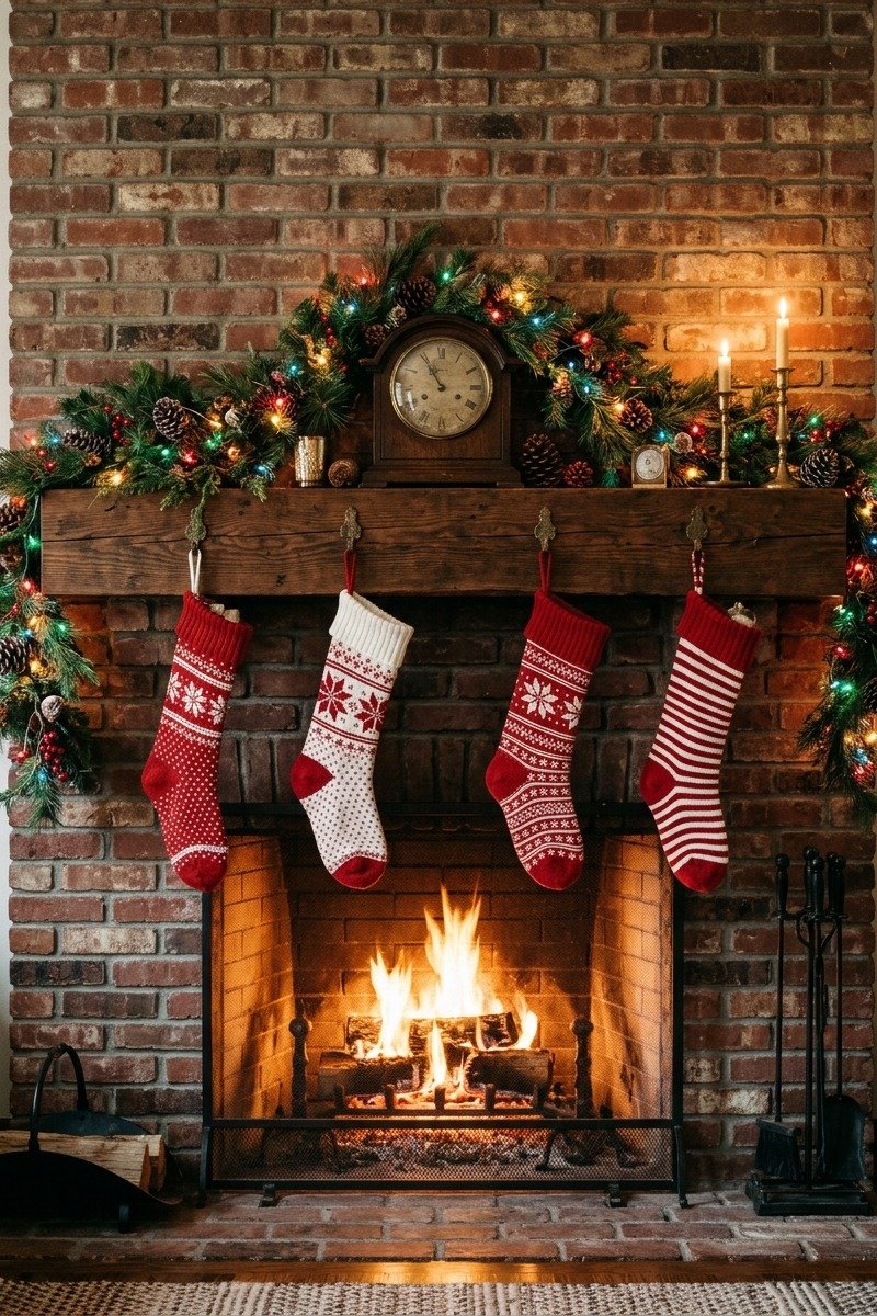 Red and white knit stockings hung on a fireplace