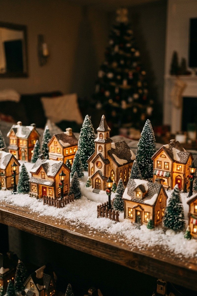 Miniature Christmas village on a shelf
