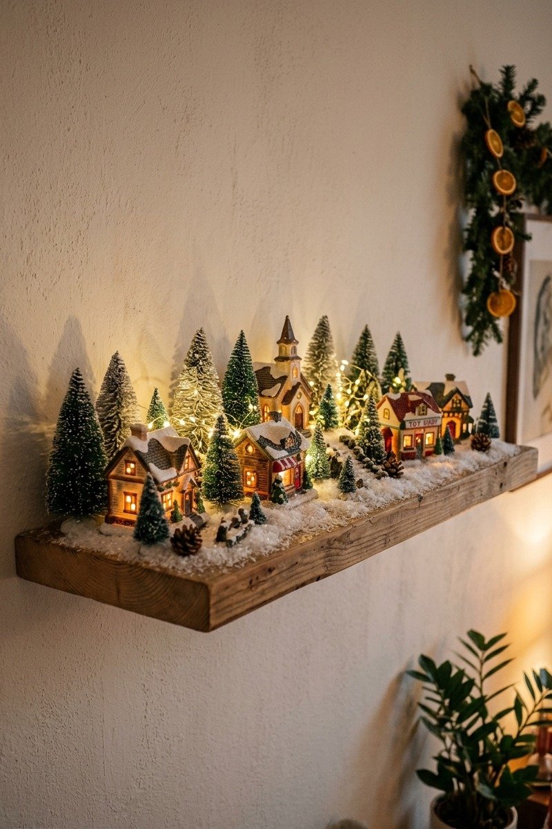 Mini Christmas village on a floating shelf