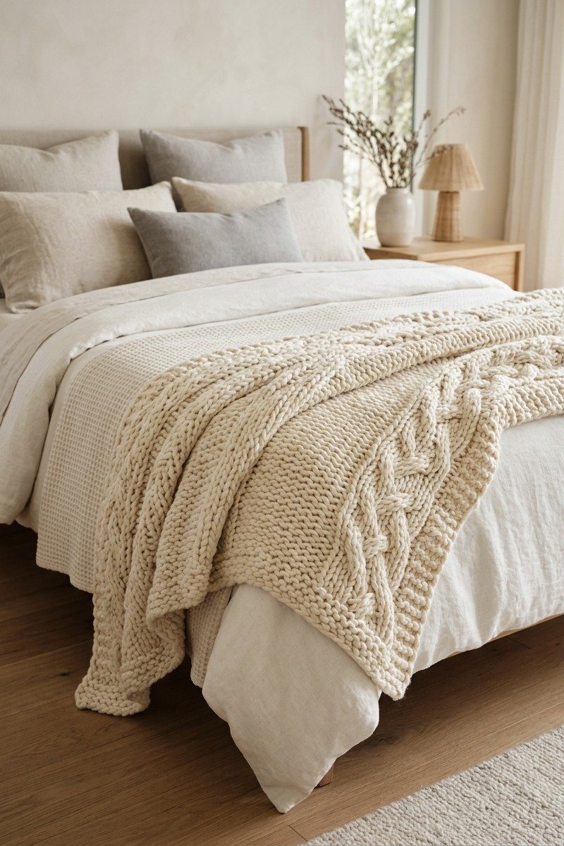 Chunky knit throw on a bed