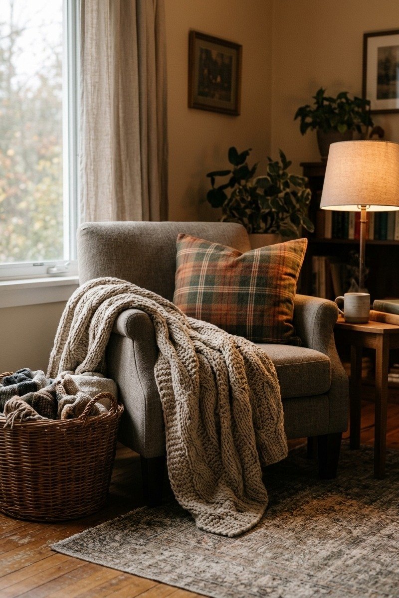 Chunky knit throw blanket on an armchair