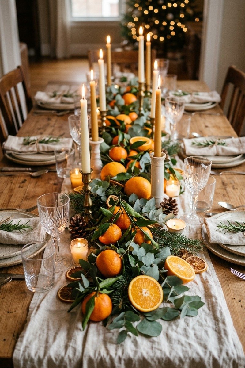 Christmas table with oranges and greenery