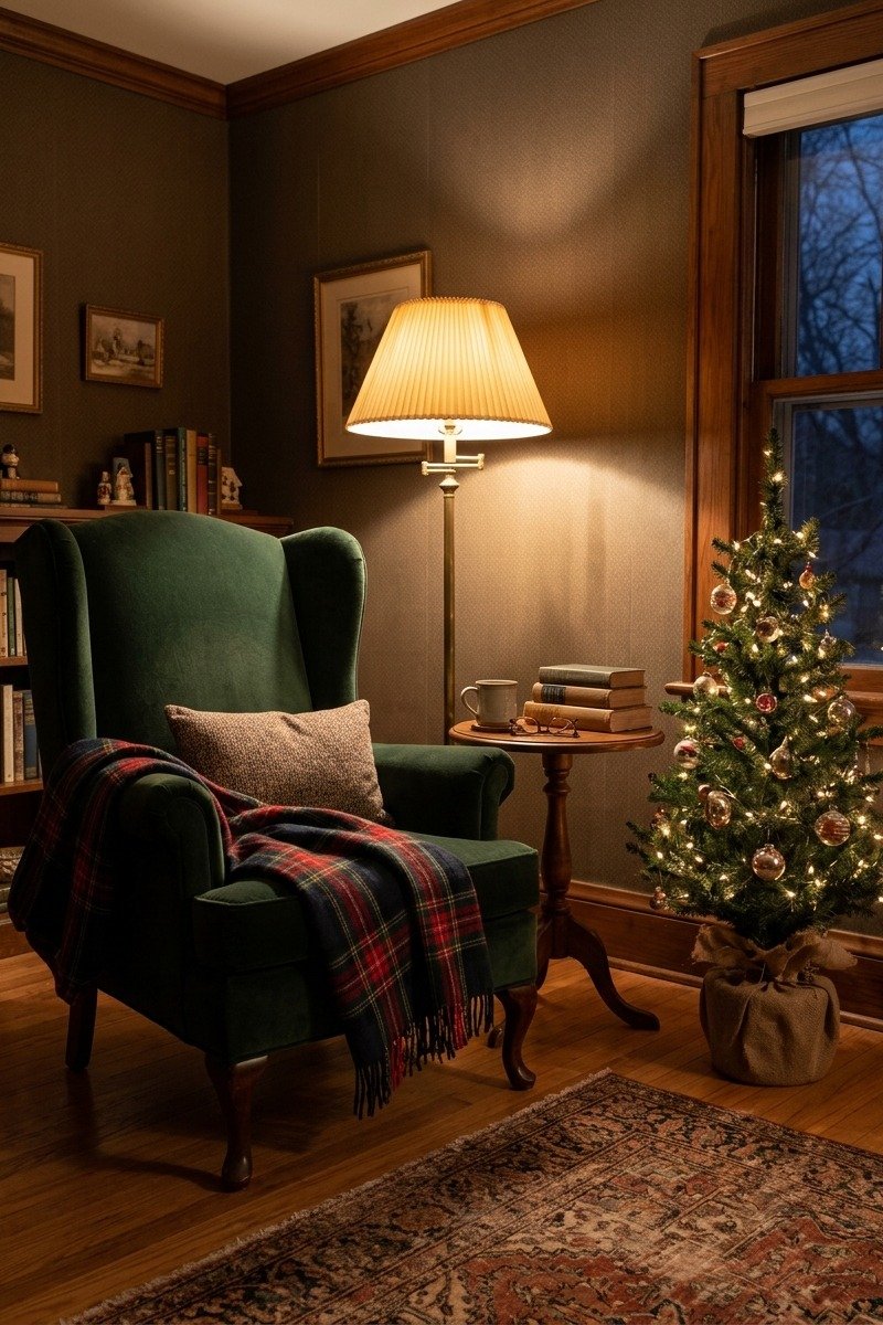 Classic reading nook with Christmas decor