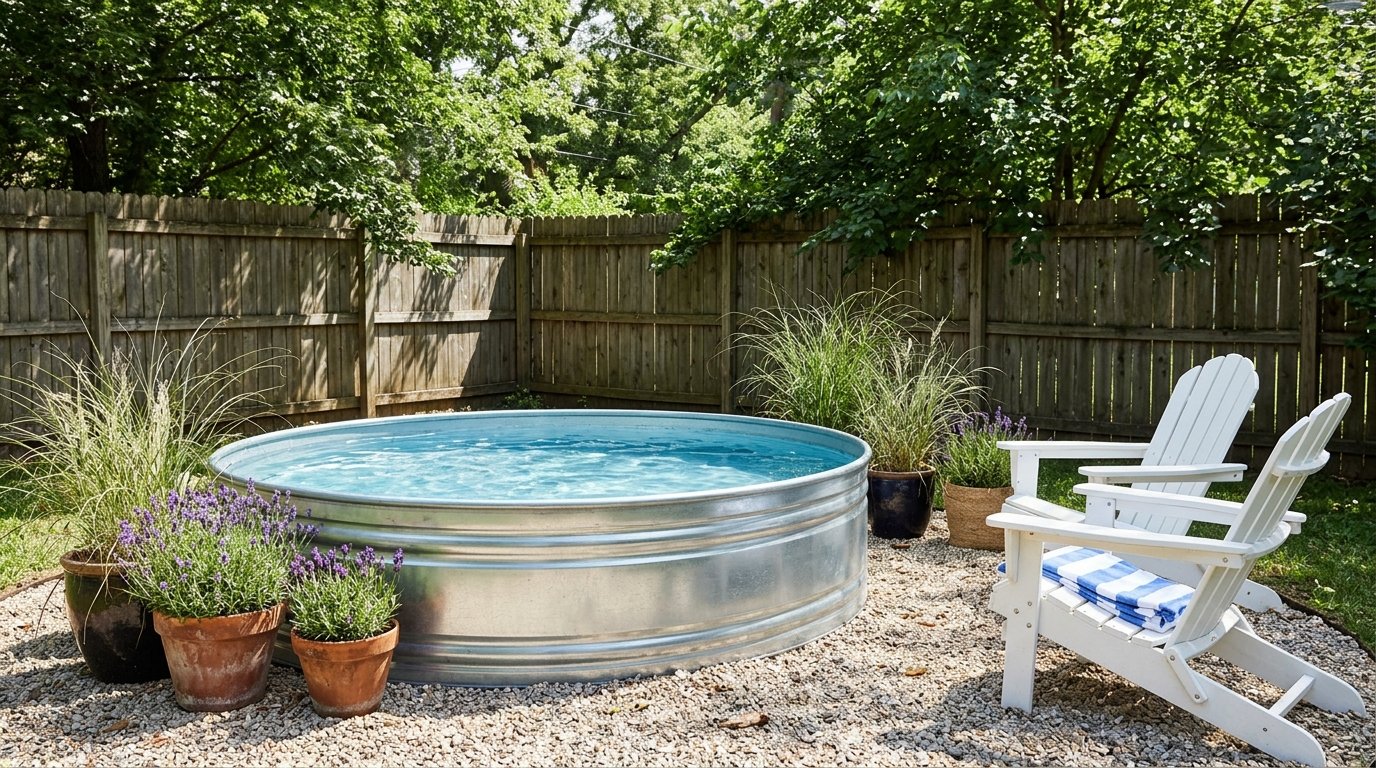 Classic round galvanized stock tank pool on a pea gravel base in a backyard