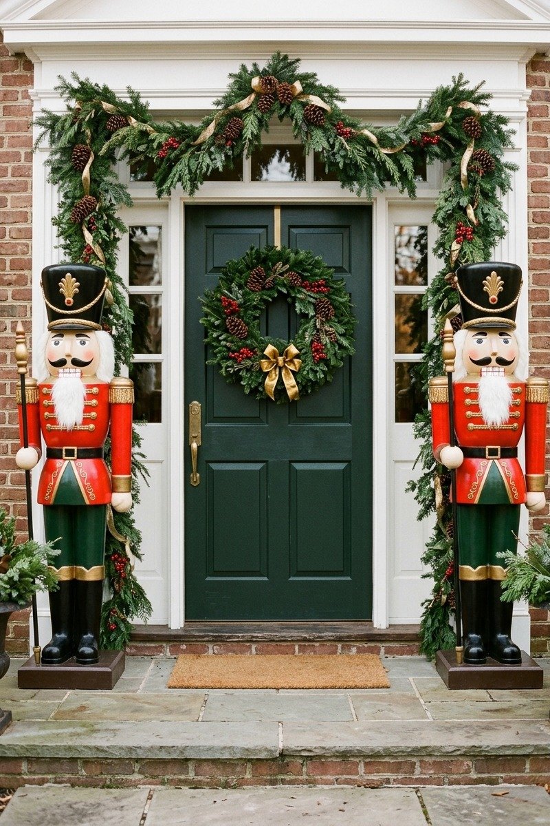 Large nutcracker statues by a front door