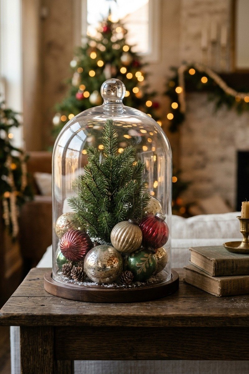 Classic ornaments displayed under a glass cloche