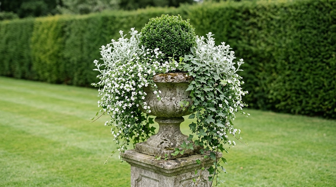 Classic stone urn planter with trailing plants on a plinth