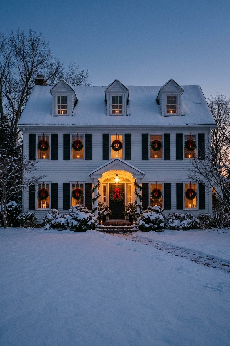 Window candles glowing in a classic home