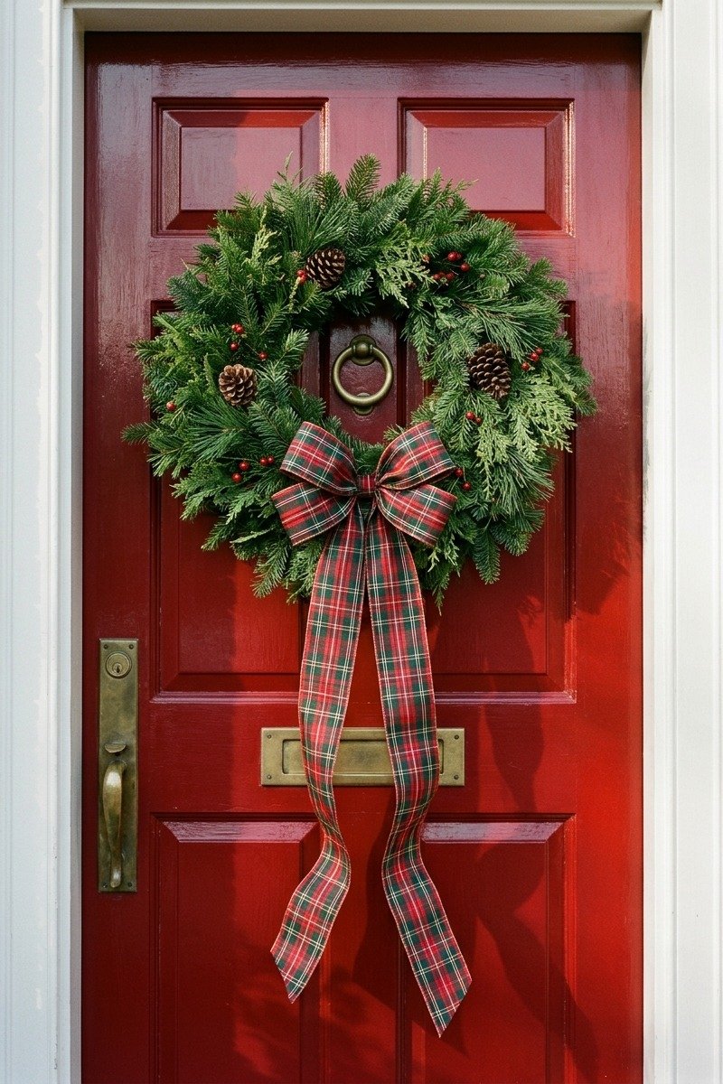 Classic wreath with plaid ribbon on a red door