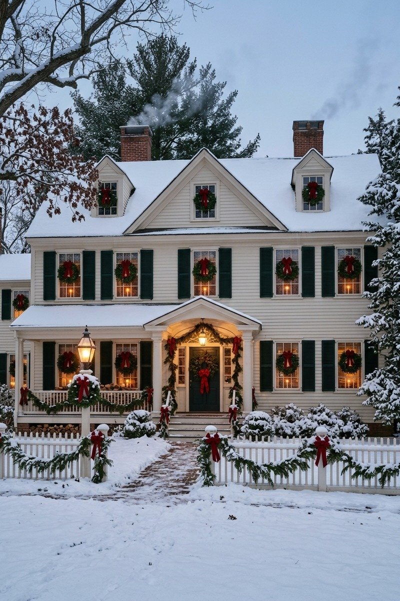 Classic house with wreaths on every window