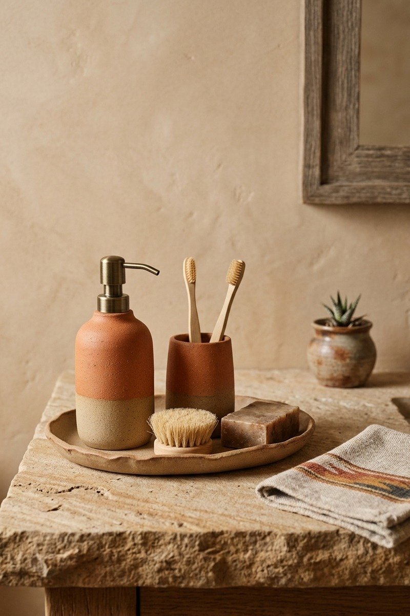 Clay bathroom accessories on a vanity