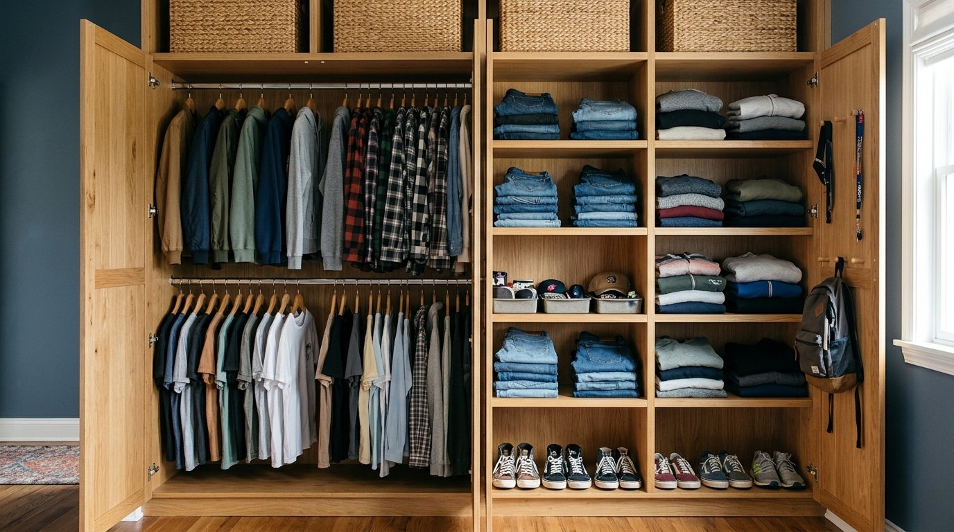 Organised closet system with hanging rails, shelves and baskets in a teen boys bedroom