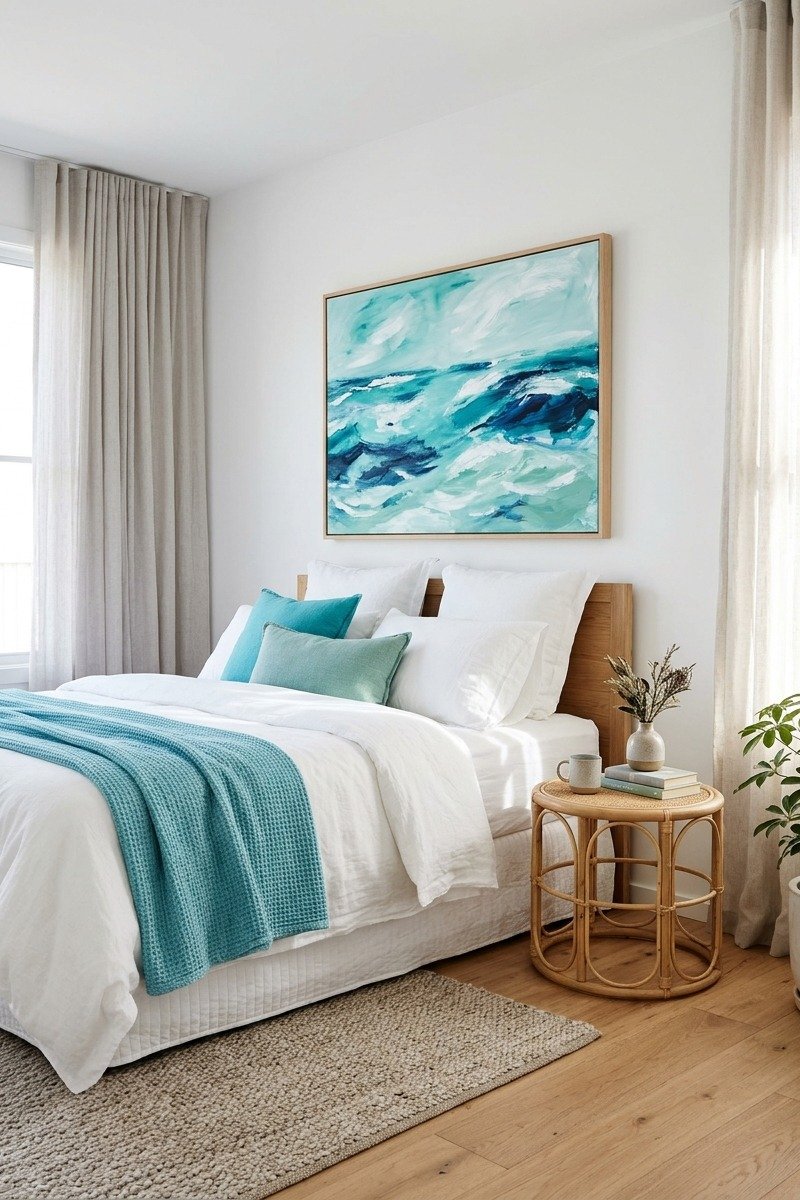 Abstract turquoise ocean art above a white bed