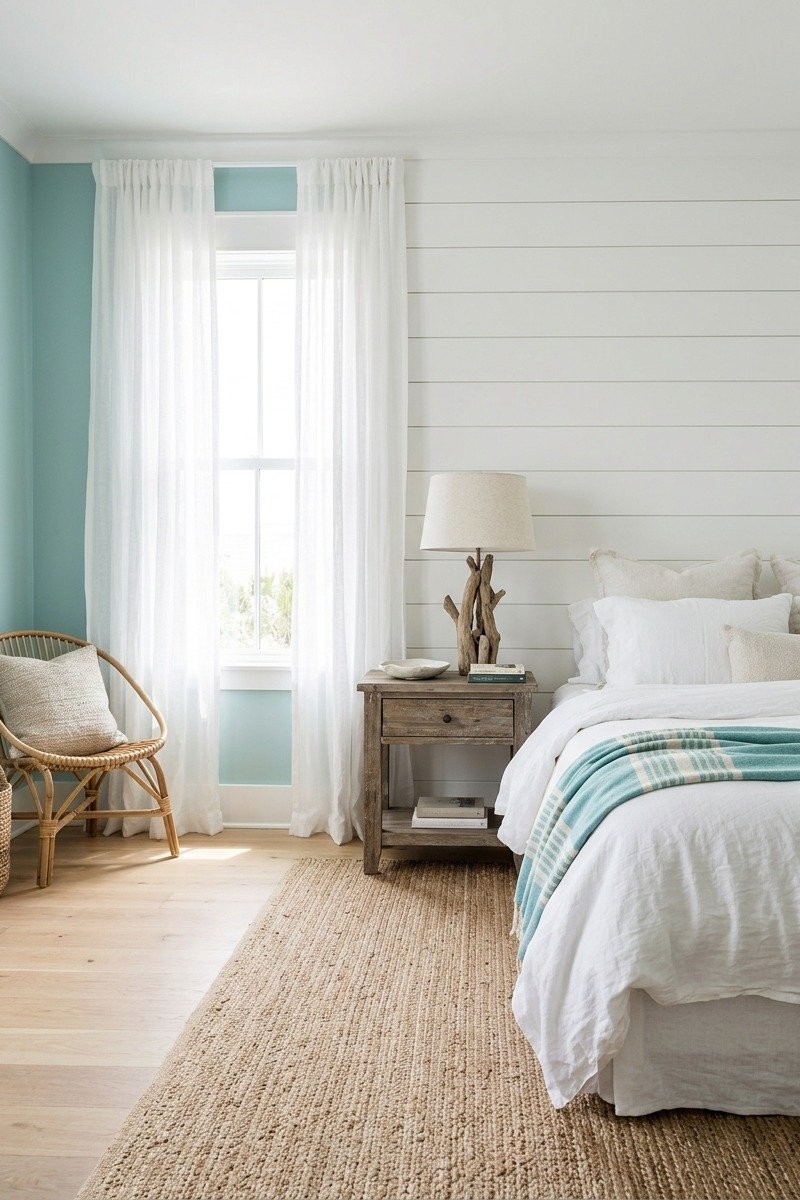 Coastal beach house bedroom with turquoise and white shiplap