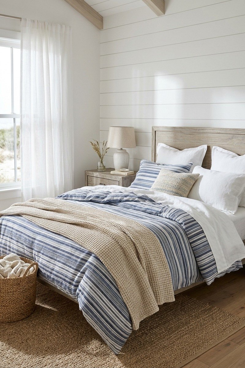 Blue and white striped coastal bedding