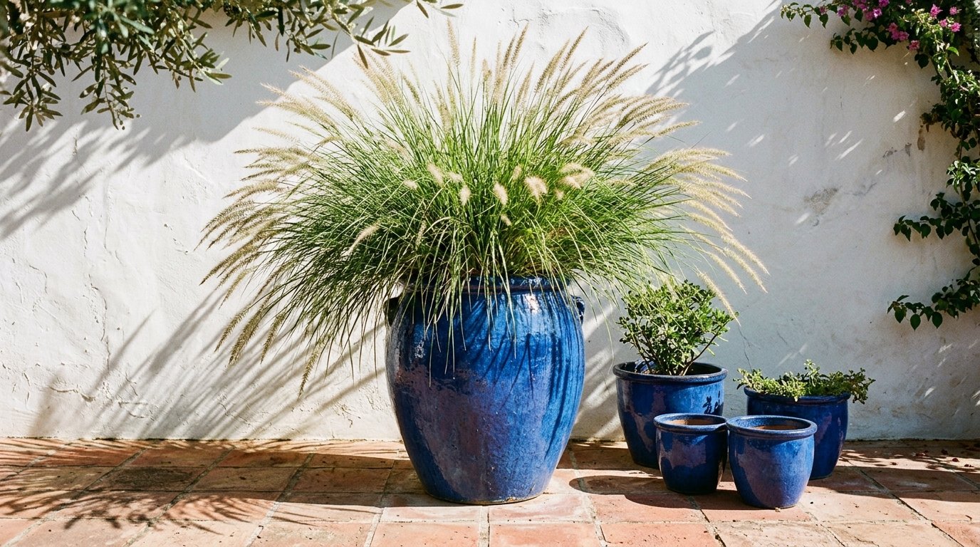 Cobalt blue glazed ceramic planter with an ornamental grass against a white wall