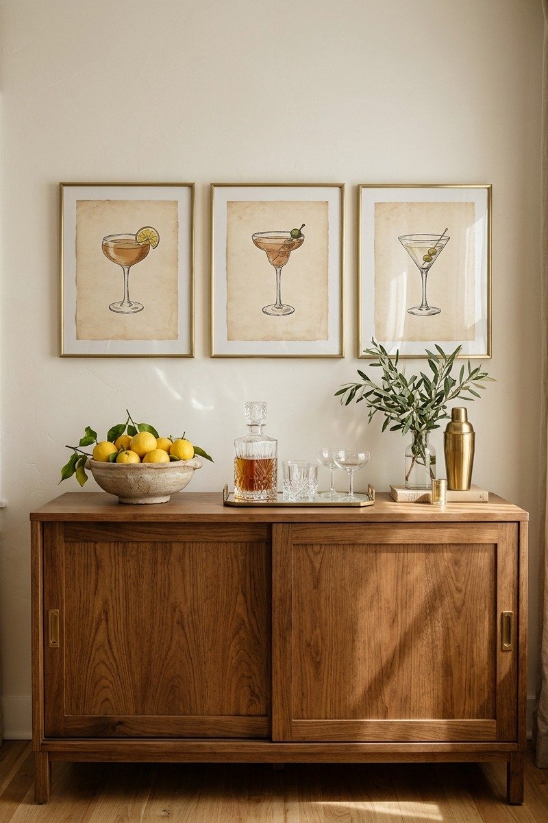 Framed vintage cocktail art prints in a dining area