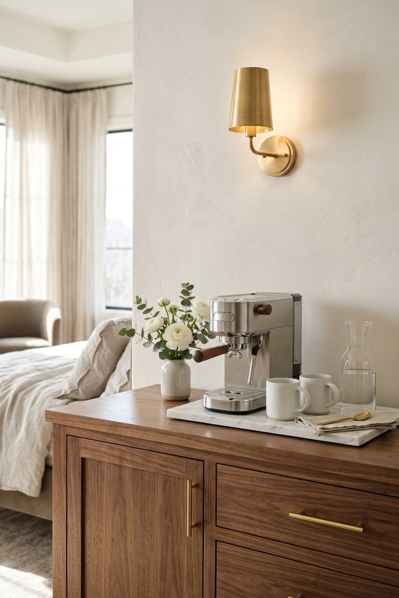 Morning coffee station on a cabinet in a luxury master suite
