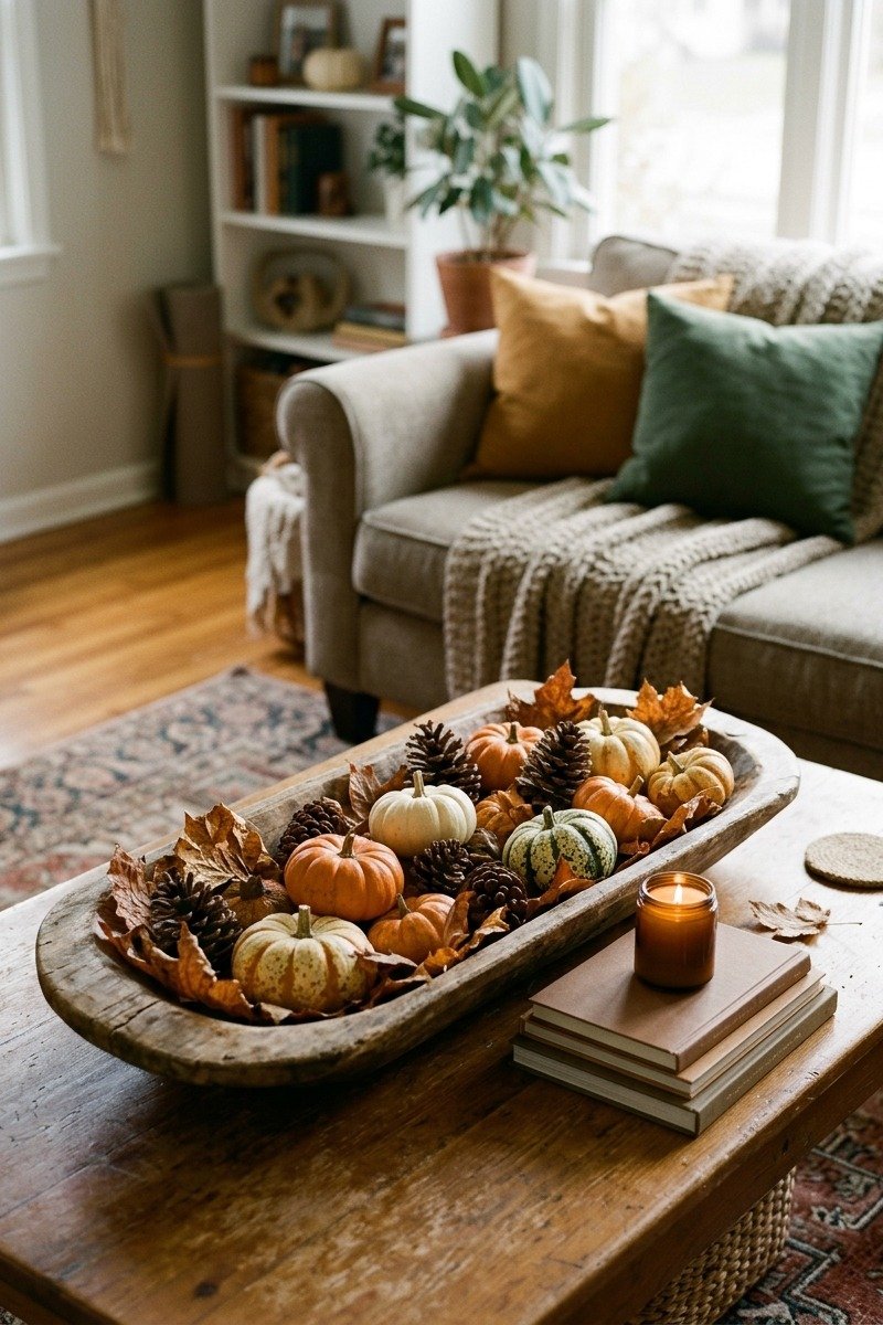 Wooden bowl filled with mini pumpkins on a coffee table