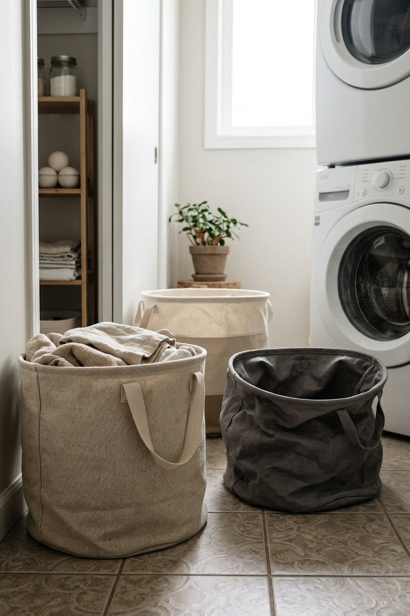 Collapsible laundry baskets stacked