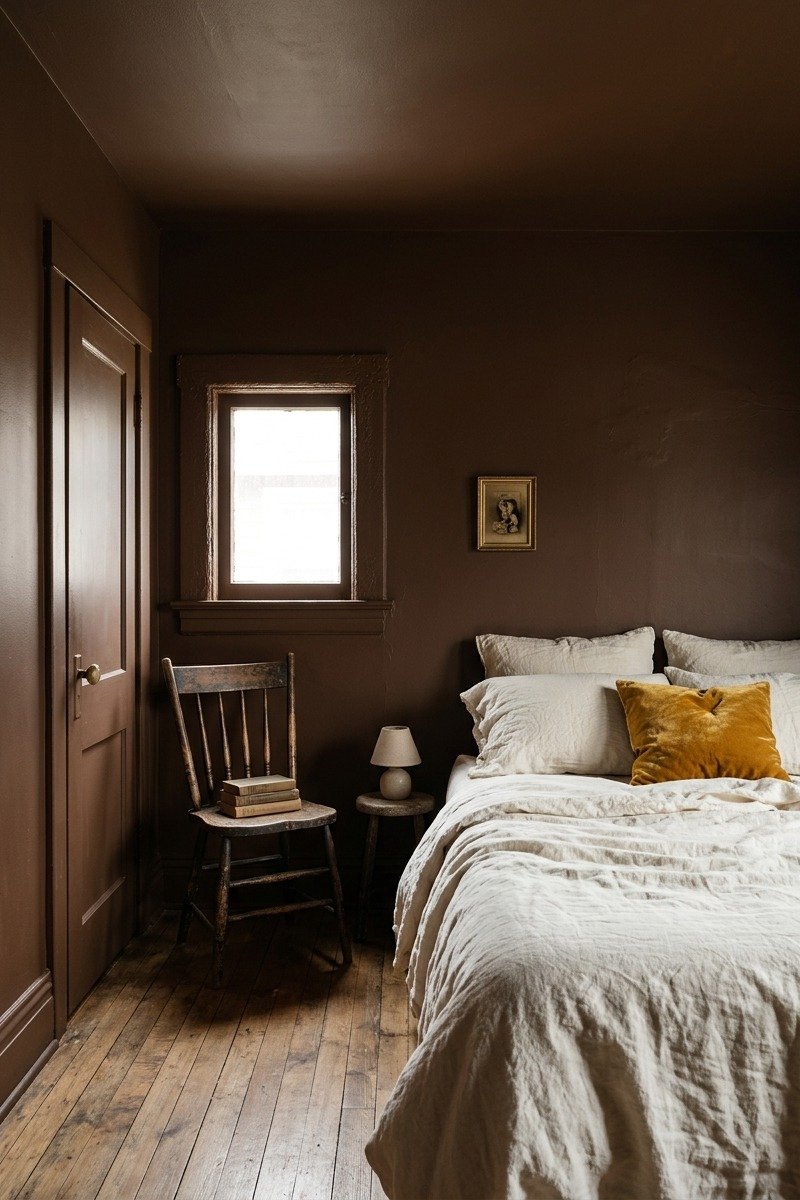 Color-drenched bedroom with brown walls, trim and ceiling