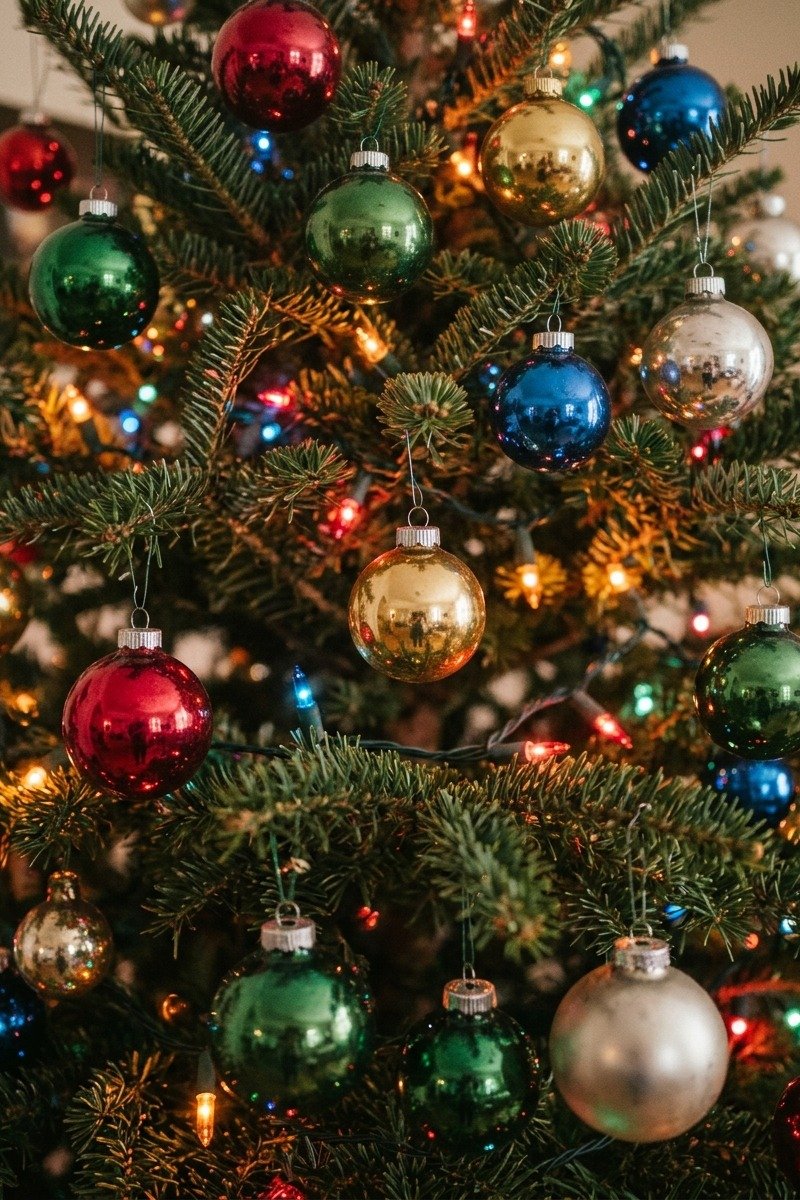 Colorful shiny glass ball ornaments on a tree