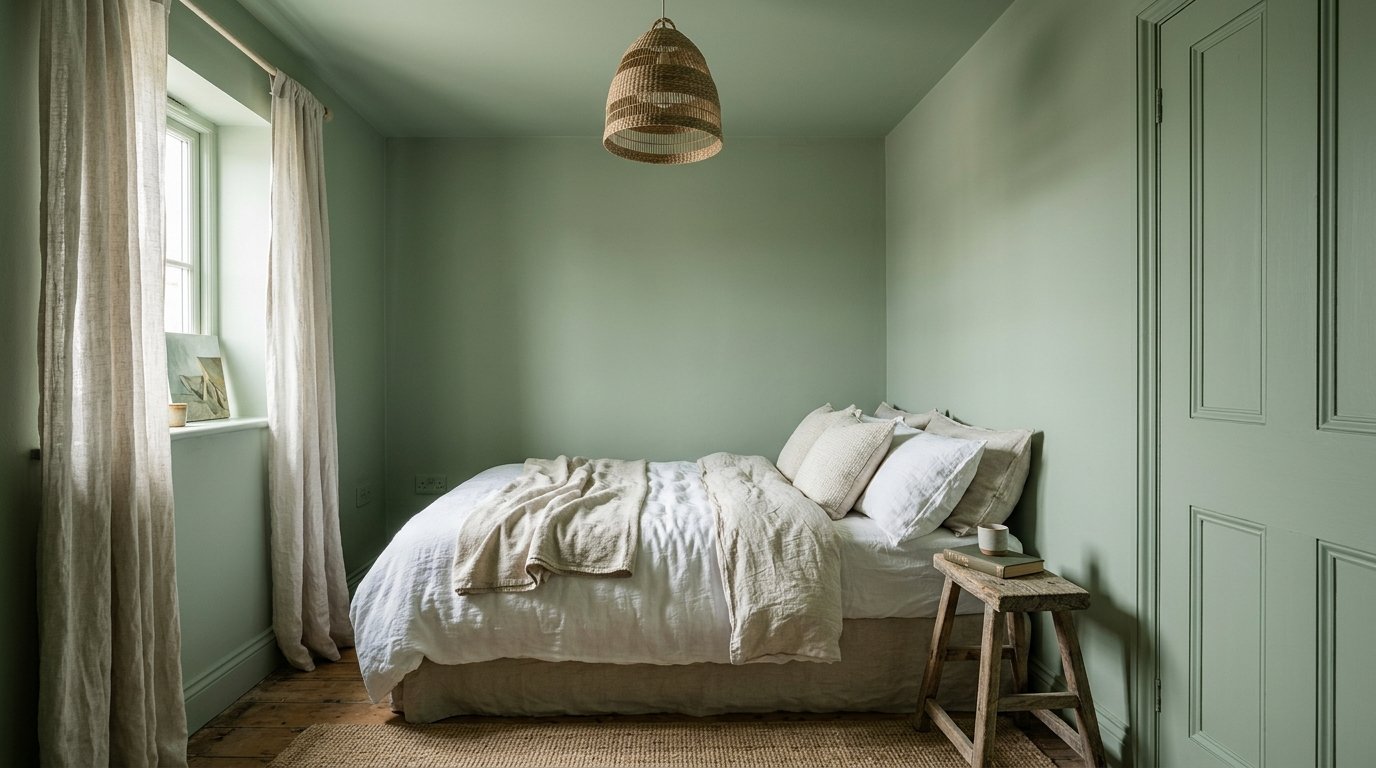 Small bedroom colour-drenched in sage green on walls, ceiling and trim